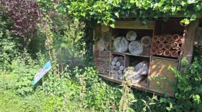 Bijenhotel met informatiebord