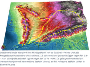 Driedimensionale weergave van de hoogtekaart van de beekdalen en de heuvelruggen van de Zuidwest Veluwe. 